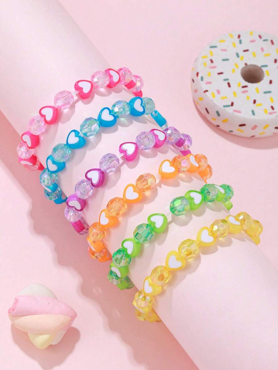 6pcs Girls Heart Decor Cute Beaded Bracelet For Daily Decoration - Multicolor - View 1