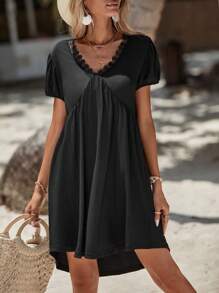 RueChic Guipure Lace Trim Puff Sleeve Dress - Black - View 5