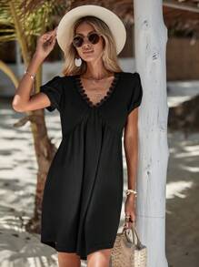 RueChic Guipure Lace Trim Puff Sleeve Dress - Black - View 6