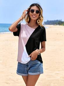 Cottnline Colorblock Asymmetrical Neck Tee - Multicolor - View 3