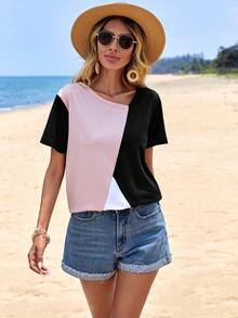 Cottnline Colorblock Asymmetrical Neck Tee - Multicolor - View 5