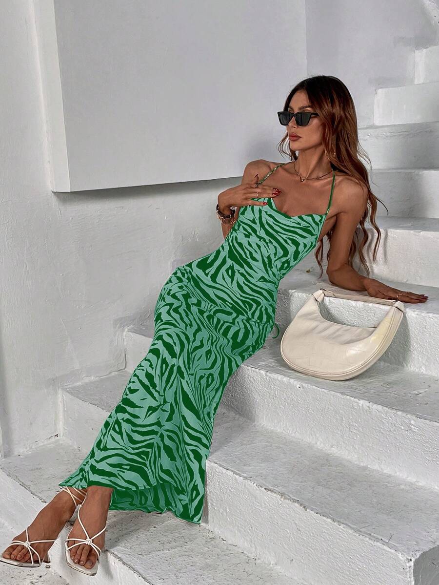 SHEIN Privé Allover Print Criss Cross Backless Cami Dress - Dark Green - View 1