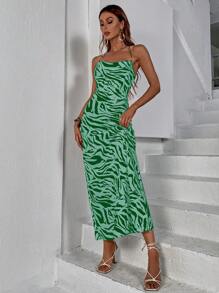 SHEIN Privé Allover Print Criss Cross Backless Cami Dress - Dark Green - View 4