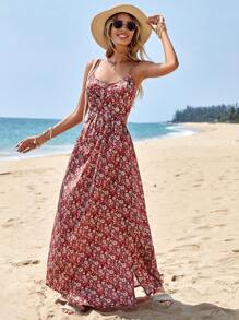 EURMUSE 小碎花露背吊帶洋裝 - 紅色 - 查看 1