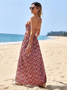 EURMUSE 小碎花露背吊帶洋裝 - 紅色 - 查看 2