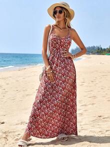 EURMUSE 小碎花露背吊帶洋裝 - 紅色 - 查看 5