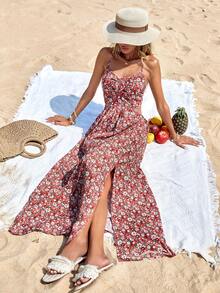 EURMUSE 小碎花露背吊帶洋裝 - 紅色 - 查看 6