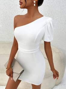 SHEIN Privé One Shoulder Puff Sleeve Bodycon Dress - White - View 1