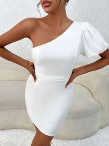 SHEIN Privé One Shoulder Puff Sleeve Bodycon Dress - White - View 4