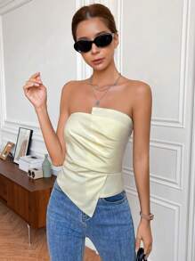 GENKIRA Fashion Solid Ruched Asymmetrical Hem Tube Top - Apricot - View 5