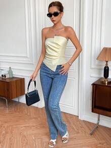 GENKIRA Fashion Solid Ruched Asymmetrical Hem Tube Top - Apricot - View 6