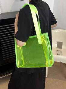 Neon Green Clear Shoulder Tote Bag PVC Double Handle Funky - Yellow - View 1