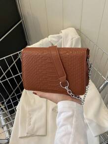 Mini Snakeskin Print Flap Square Bag Brown Fashionable - Brown - View 1