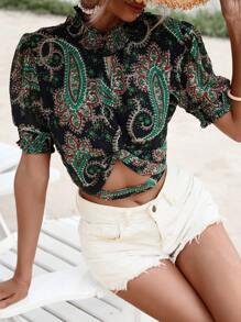 GENKIRA 佩斯利印花前扭結鏤空短款襯衫 - 彩色 - 查看 3