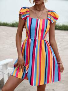 GENKIRA Đầm Lộ Lưng Xù Buộc lại Sọc Gợi cảm - Nhiều màu - Xem 3