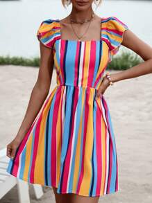 GENKIRA Đầm Lộ Lưng Xù Buộc lại Sọc Gợi cảm - Nhiều màu - Xem 4