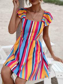 GENKIRA Đầm Lộ Lưng Xù Buộc lại Sọc Gợi cảm - Nhiều màu - Xem 6