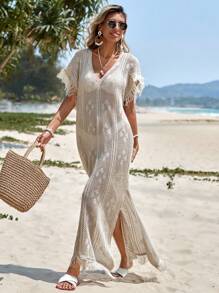 EURMUSE Split Hem Fringe Trim Cover Up Dress, For Summer Beach Vacation
