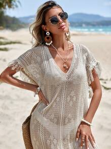 EURMUSE Split Hem Fringe Trim Cover Up Dress, For Summer Beach Vacation