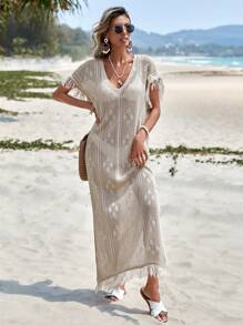EURMUSE Split Hem Fringe Trim Cover Up Dress, For Summer Beach Vacation