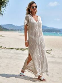 EURMUSE Split Hem Fringe Trim Cover Up Dress, For Summer Beach Vacation