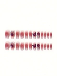 Actualice instantáneamente su aspecto con 24 piezas de uñas postizas de cubierta completa con diseño 3D de mariposas para uñas de forma de ataúd corto. Kit de suministros para uñas. uñas falsas uña falsa uña acrílica - Multicolor - Ver 2