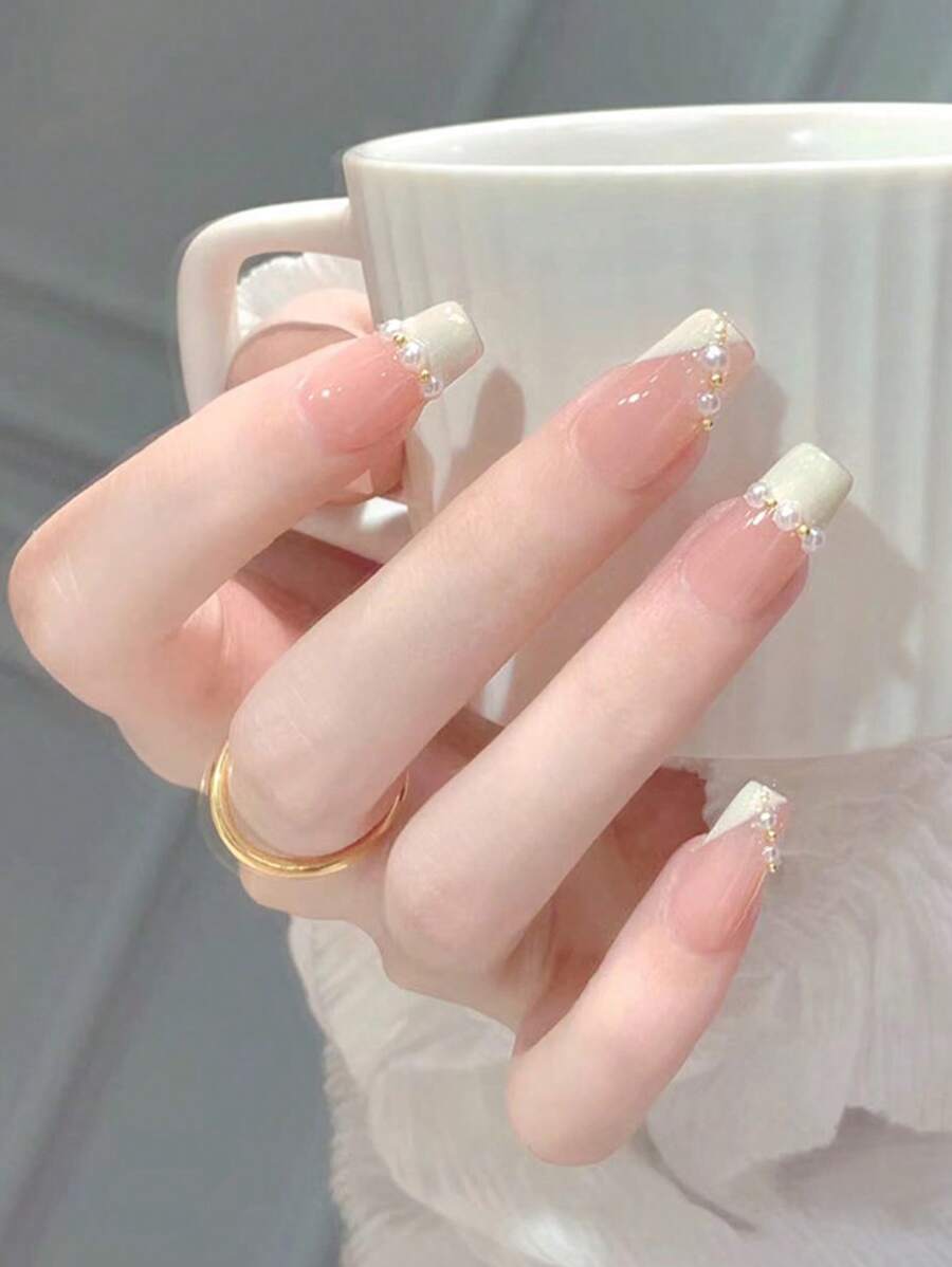 YTJ 24入組短棺材形狀3D人造珍珠裝飾全蓋式假指彩套裝，簡便貼上式假指甲及指甲用品，表達您的愛 - 彩色 - 查看 1