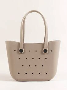 Túi đi biển trơn miệng rỗng màu trơn EVA, Túi giỏ nhiều màu, Túi xách nữ có tay cầm có thể tháo rời - Màu Khaki - Xem 2