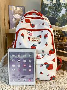 Strawberry Pattern Classic Backpack Fashionable Waterproof For Daily - Red and White - View 6