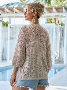 EURMUSE Pointelle Knit Drop Shoulder Open Front Duster Cardigan - Màu be - Xem 2