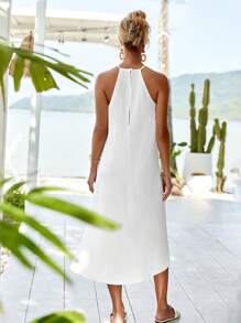 RueChic Solid Split Hem Halter Dress - White - View 2