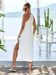 RueChic Solid Split Hem Halter Dress - White - View 4