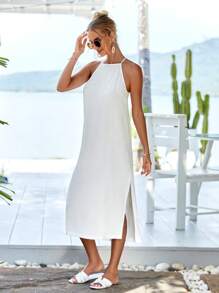 RueChic Solid Split Hem Halter Dress - White - View 7