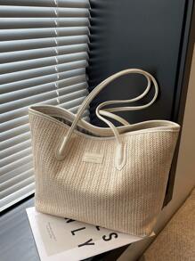Letter Patch Decor Straw Bag Vacation Style Double Handle - Multicolor - View 1