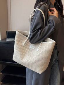 Letter Patch Decor Straw Bag Vacation Style Double Handle - Multicolor - View 2