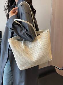 Letter Patch Decor Straw Bag Vacation Style Double Handle - Multicolor - View 5