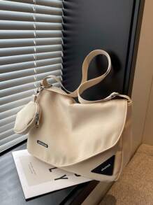 中等翻蓋郵差包極簡字母圖案可調整肩帶帶零錢包 - 白色 - 查看 1