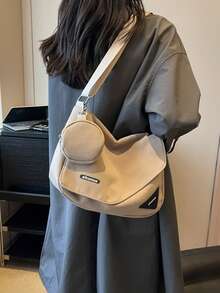 中等翻蓋郵差包極簡字母圖案可調整肩帶帶零錢包 - 白色 - 查看 2