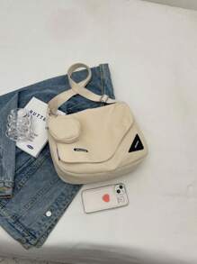 中等翻蓋郵差包極簡字母圖案可調整肩帶帶零錢包 - 白色 - 查看 4