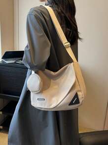 中等翻蓋郵差包極簡字母圖案可調整肩帶帶零錢包 - 白色 - 查看 7