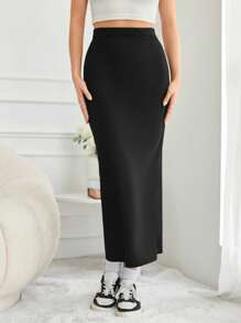 EURMUSE High Waist Solid Pencil Skirt - Black - View 1