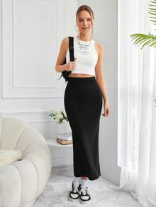 EURMUSE High Waist Solid Pencil Skirt - Black - View 3