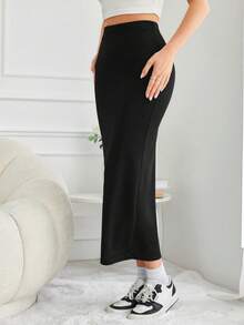 EURMUSE High Waist Solid Pencil Skirt - Black - View 5