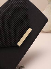 Black Flap Envelope Bag Glamorous Pleated Detail Chain Glitter, Fashionable Clutch Bags For Woman - Black - View 5