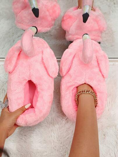 女士趣味火烈鸟印花拖鞋，防滑柔软保暖卡通时尚包头拖鞋，火烈鸟半包/全包拖鞋，适合硬木地板的保暖拖鞋，奇特拖鞋