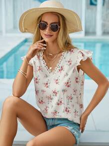RueChic Blusa con estampado floral ribete con encaje de manga mariposa