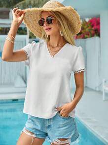 RueChic Solid V Neck Puff Sleeve Blouse - White - View 3