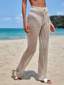 RueChic Hollow Out Drawstring Waist Cover Up Pants, For Summer Beach Vacation - Beige - View 1