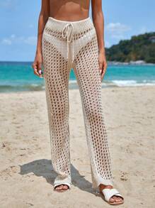 RueChic Hollow Out Drawstring Waist Cover Up Pants, For Summer Beach Vacation - Beige - View 6