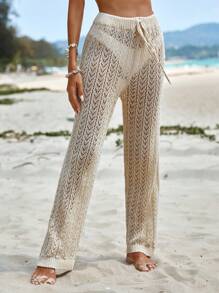 EURMUSE Pointelle Knit Drawstring Waist Trousers Without Panty - Beige - View 4